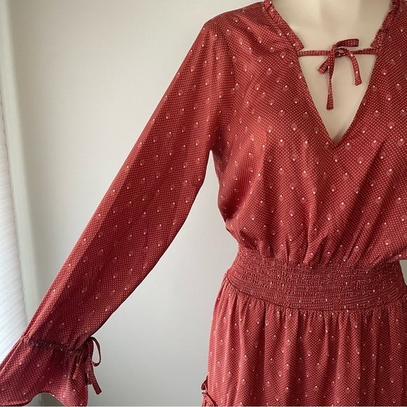 Saltwater Luxe Lena Mini Dress Ruffles Long Sleeves Front Tie Diamond Dotted - Picture 7 of 11